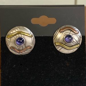 Susan Maria Buckley Oxidized Sterling Silver Designer Artisan Round Earrings